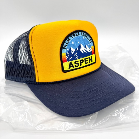 NWT Aviator Nation Aspen Palm Tree Festival Trucker Hat Gold / Navy Blue, Unisex